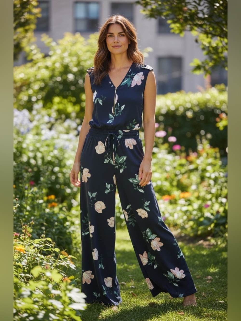 INC Navy floral jumpsuit V-neck, 1/4 zip front/Cinched waist - Size Small